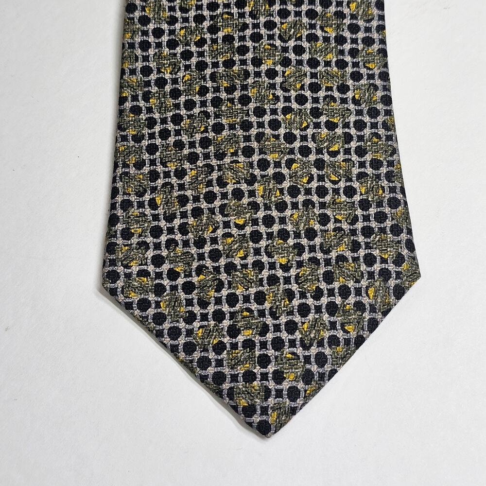 Geoffrey Beene Black Gray Yellow Checked Geometric Print Tie 100% Silk 4"x57"Vtg